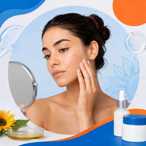 Cuidado de la piel con tendencia acneica y prevención de marcas de acné. Mujer con piel propensa al acné frente a un espejo, rodeada de productos de skincare en tonos azul y naranja.